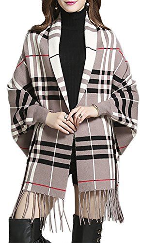 QZUnique Women's Soft Checked Tartan Shawl Cape Cardigan Wrap Poncho with Fringe Trims Poncho Fashion, Tartan Shawl, Batwing Cardigan, Rare Clothing, Trims Fashion, Unique Sweaters, Knitted Cape, Casual Outerwear, Easy Trendy Outfits