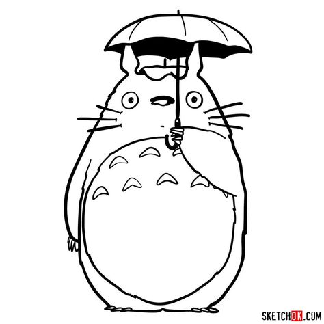 How to draw Totoro with an umbrella Draw Totoro, Totoro With Umbrella, My Neighbor Totoro Line Art, Totoro Umbrella Tattoo, How To Draw Studio Ghibli Characters, Studio Ghibli Cricut, How To Draw Totoro, Totoro Line Art, Totoro Outline