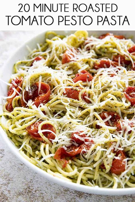 Roasted Tomato Pesto Pasta is so easy to make in only 20 minutes!  Flavorful parmesan basil pesto and juicy burst roast tomatoes make this irresistible! Roasted Tomato Pesto, Tomato Pesto Pasta, Roast Tomatoes, Pesto Dishes, The Salty Marshmallow, Homemade Pesto Recipe, Basil Pesto Pasta, Creamy Pesto Chicken Pasta, Salty Marshmallow