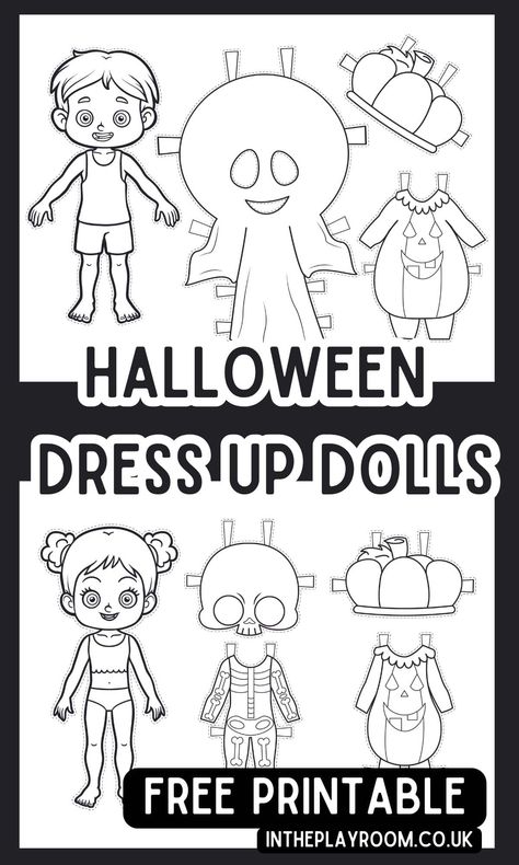 Free Printable Halloween Dress Up Dolls - In The Playroom Paper Dolls Halloween, Halloween Paper Dolls Printable Free, Paper Doll Halloween, Halloween Paper Dolls, Paper Doll Costume, Zombie Clothes, Holidays Crafts, Free Printable Paper Dolls, Free Printable Halloween