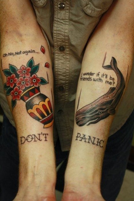 “Don’t Panic” Tattoo  One of the best literary tatts of all time? Nanny Tattoo, Guide Tattoo, Nerd Tattoos, 42 Tattoo, Hitchhiker's Guide To The Galaxy, Nerd Tattoo, Literary Tattoos, Galaxy Tattoo, Hitchhikers Guide To The Galaxy