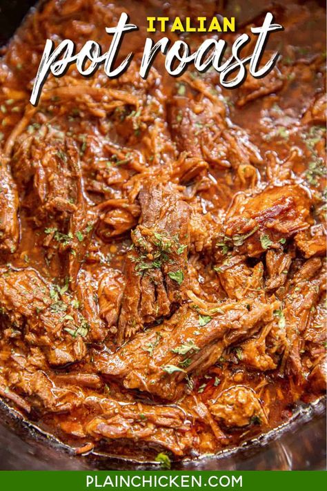 Slow Cooker Italian Pot Roast - I finally found a pot roast that I like! This is hands-down THE BEST pot roast recipe EVER! Not only is this delicious, but it is also super easy to make! Pot Roast slow-cooked all day in tomato juice, Italian dressing mix, garlic, onion, pepper, and au jus gravy mix. Serve over a quick homemade parmesan risotto. Comfort food at its best! I literally licked my plate! Can freeze leftovers for later. #slowcooker #potroast #comfortfood #crockpot The Best Pot Roast, Freeze Leftovers, Plain Chicken Recipe, Italian Pot Roast, Slow Cooker Italian, Best Pot Roast, Parmesan Risotto, Au Jus Gravy, Italian Dressing Mix