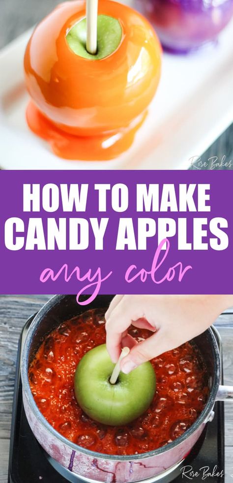 Today I'm sharing How to Make Candy Apples Any Color! This Candy Apple recipe is easy and makes sweet and crunchy candy apples. These are a traditional fall treat - perfect for your Fall Fest or Halloween party. You can make them in under 30 minutes with just a few basic pantry ingredients! Candy Apple Slices Recipe, Candy Apple Favors, Make Candy Apples, Colored Candy Apples, Pink Candy Apples, Blue Candy Apples, Gourmet Candy Apples, Toffee Apples, How To Make Candy