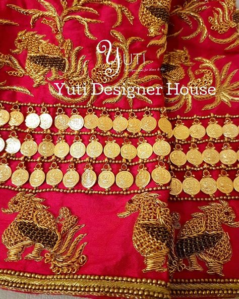 Details of our detailing - Coin work blouse by YUTI! For Price and Other details reach us at 044-42179088 or Whatsapp: 7010905260 Address: 21, Valmiki  street, Thiruvanmyur.  handembroidery #blue #bridalblouse  #weddingblousedesignideas #bridal #anarkali #lotusembroidered #elbowsleeves #coinwork #kasumala #goldcoins #bridalblousework #blouseembroidery #silkthreads #kundanwork #zardosiwork #antique #floorlengthanarkali #bridalblousedesign #chennaidesigner #embroidery #happyclient  #chennaifashion Bridal Anarkali, Floor Length Anarkali, Zardosi Work, Wedding Blouse Designs, Bridal Blouse Designs, Embroidery Blouse, Work Blouse, Gold Coins, Anarkali