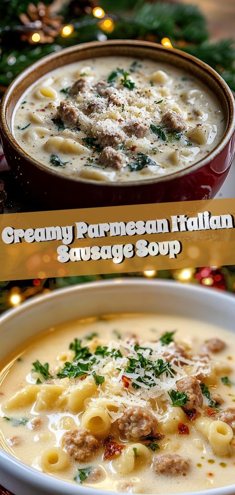 Warm up with this Creamy Parmesan Italian Sausage Soup, a hearty bowl of comfort ready to delight your taste buds. Perfect for chilly nights, this recipe combines savory Italian sausage, tender potatoes, and a creamy Parmesan-infused broth for a rich, flavorful experience. Effortlessly cooked in just one pot, it's an easy and satisfying meal that fits perfectly into a cozy evening at home. Whether you’re looking for a quick dinner idea or a comforting lunch, this soup is sure to become a staple this season. Dive into a bowl and enjoy! Sausage And Noodle Soup, Sweet Sausage Soup, Soup For Brunch, Ground Italian Sausage And Potatoes, Gouda Soup Recipes, Sausage Parmesan Soup, Creamy Italian Meatball Soup, Soup With Italian Sausage Easy Recipes, Swiss Potato And Sausage Soup