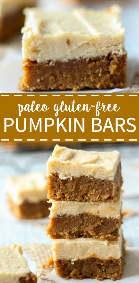 Paleo bars filled with pumpkin and spice! These little squares of heaven taste just like pumpkin pie! And they’re paleo:) Which means they’re gluten-free, refined sugar free and dairy free. They taste like fall in a bite and are topped with a light maple frosting you will be drooling over. #paleo #pumpkin #bars #healthy #thanksgiving #dessert #frosting #glutenfree #dairyfree #RecipesPaleo Fall Dessert Recipes Healthy, Paleo Pumpkin Bars, Gluten Free Pumpkin Bars, Healthy Fall Desserts, Paleo Bars, Weight Watcher Desserts, Maple Frosting, Pumpkin Spice Recipe, Paleo Baking