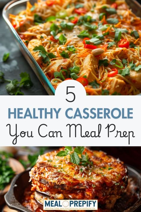 A collage showcasing a spicy Thai peanut chicken casserole and a deconstructed eggplant parmesan casserole, perfect for casserole meal prep. Casserole Meal Prep, Oven Casserole Recipes, Casserole Meal, Make Ahead Recipes, Veggie Sausage, Chicken Noodle Casserole, Sausage Bake, Peanut Chicken, Mediterranean Chicken