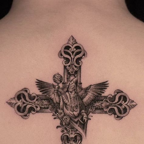 Hermetic Tattoo, Cherubim Tattoo, Cross Tattoo On Back, Gothic Cross Tattoo, Tattoo On Back, Cherub Tattoo, London Tattoo, Gothic Cross, Gothic Crosses