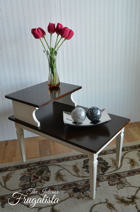 Mid Century Modern Tiered Table Makeover - I don't normally love painted furniture, but this one is gorgeous and I wish I had it. Step Up End Table Makeover, Tiered Table Makeover, Step Table Makeover, Mid Century Modern Furniture Redo, Atomic Furniture, Diy Midcentury, Step Table, Porch Rugs, Tiered Table