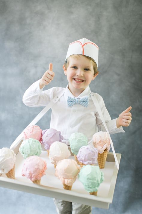 Ice cream man: http://www.stylemepretty.com/living/2015/10/01/diy-halloween-costume-ice-cream-man/ | Photography: Ruth Eileen - http://rutheileenphotography.com/ Ice Cream Man Costume, Ice Cream Costume, Childrens Halloween Costumes, Creative Halloween Costumes Diy, Halloween Ice Cream, Table Halloween, Ice Cream Man, Ice Cream Birthday Party, Diy Halloween Costumes For Kids