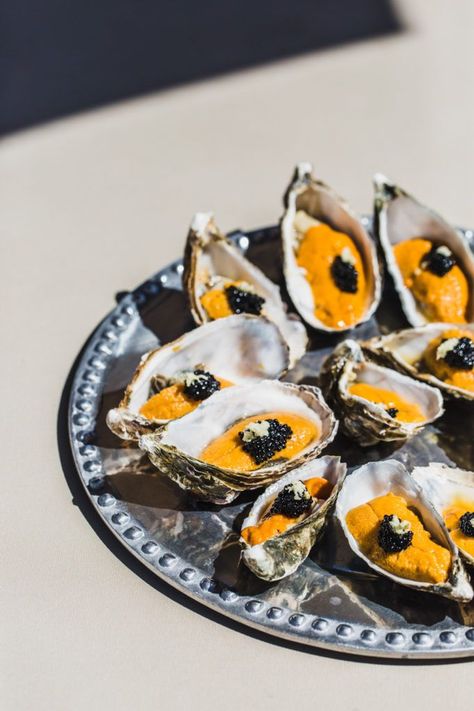 Oysters with uni, caviar, and wasabi. Photo by Katrina Frederick. Caviar Presentation, Caviar Oysters, Seafood Quiche, Sea Nymph, Eat Me Drink Me, Fancy Appetizers, Oyster Recipes, Sustainable Seafood, San Lucas Mexico