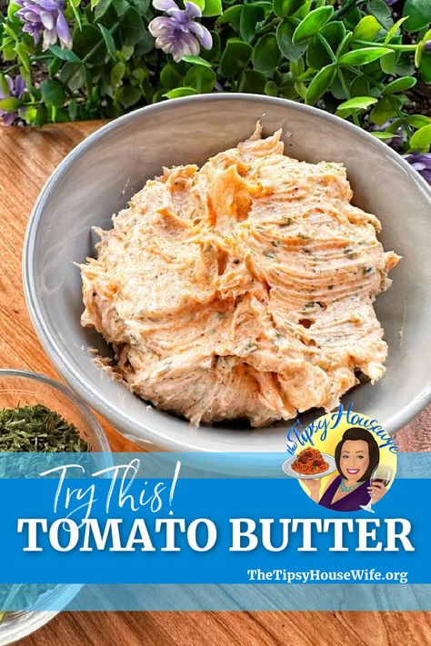 This recipe for delicious Tomato Butter will be the hit of all your Summer meals. Whip the butter into a creamy dream with tomato powder, celery salt, onion and garlic powder and dried herbs. It is the perfect topping for fresh corn on the cob, any roasted veggies, baked potatoes. You can also use this spread to make grilled cheese sandwiches! Follow the easy, step by step instructions with photos to guide you. This tomato butter is perfect for your summer BBQ and meals at home. Tomato Butter Recipe, Housewife Recipes, Recipe Using Tomatoes, Fresh Corn On The Cob, Tipsy Housewife, Tomato Powder, Tomato Butter, Making Grilled Cheese, Celery Salt