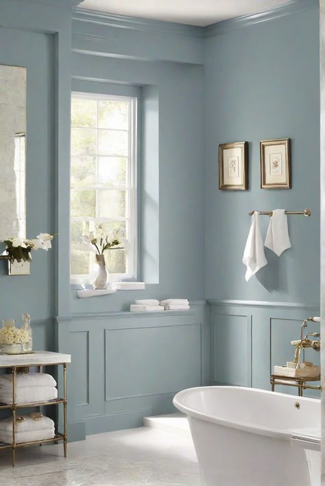 wall painting services, home renovation ideas, painting contractor, home improvement services Teal Bathroom Ideas Colour Schemes, Behr Blue Bathroom Paint Colors, Bathroom With Wainscotting Paint Colors, Dusty Blue Bathroom Paint, Bathroom Ideas Paint Walls, Fun Wall Colors, Blue Bathroom Paint Colors, Blue Walls Bathroom, Bathroom Wall Paint Colors