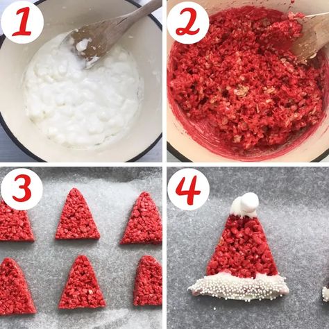 Santa Hat Rice Krispie Treats are easy to make for the kids this Christmas using a traditional Rice Krispies Treat recipe and just adding a few decorations! Rice Krispies Christmas, Krispie Treats Christmas, Rice Krispie Treats Christmas, Rice Krispies Treat, Christmas Party Treats, Christmas Recipes Easy, Melting White Chocolate, Crispy Treats, Rice Krispie Treats