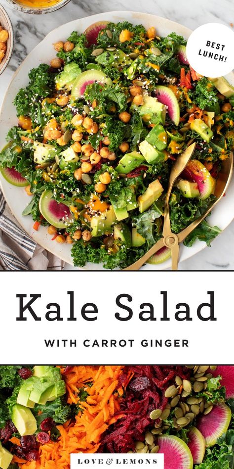 This rainbow kale salad is the healthiest make-ahead lunch! Doused in a delicious carrot-ginger dressing, it's topped with crispy chickpeas, avocado, pepitas, and root veggies. | Love and Lemons #kale #salad #mealprep Best Kale Salad Recipe, Healthy Kale Salad, Carrot Ginger Dressing, Massaged Kale Salad, Veggie Sushi, Massaged Kale, Kale Salad Recipes, Root Veggies, Ginger Dressing