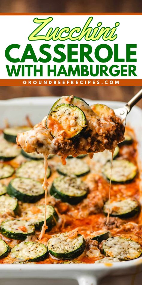 One of the best zucchini recipes ever! Your dinner ideas for summer nights must have this easy zucchini casserole with hamburger. With a tomato and ground beef sauce plus a melty cheese topping, this savory zucchini dish is a simple summer meal you'll surely love! Clean Hamburger Recipes, Hamburger Squash Zucchini, Ground Beef Ideas Healthy, Squash Casserole With Hamburger Meat, Ground Beef Recipes With Vegetables, Hamburger And Squash Recipes, Zucchini Hotdish Recipes, Easy Meat And Veggie Meals, Zucchini Recipes With Ground Beef