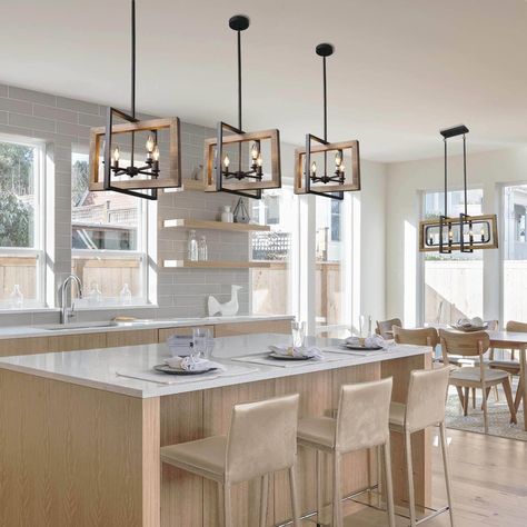 Chandelier Linear, Rustic Wood Lanterns, Industrial Hanging Lights, Light Wood Kitchens, Light For Dining Room, Wood Kitchen Island, Rustic Pendant Lighting, Wood Lantern, Dining Room Light Fixtures