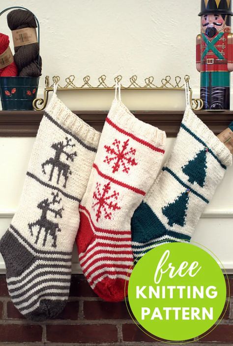 12 Christmas stocking knitting patterns. Knit a set of stockings with this free knitting pattern by Noble Knits.There is a tree stocking, a reindeer stocking, and a snowflake stocking. Christmas Stocking Pattern Free, Knitted Christmas Stocking Patterns, Stocking Pattern Free, Christmas Knitting Projects, Knitting Christmas, Crochet Christmas Stocking, Holiday Knits, Christmas Stocking Pattern, Knit Stockings