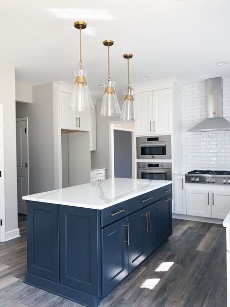 White Kitchen Navy Island, Navy Kitchen Island, Navy Kitchens, Kitchen Island Ends, Cabinets Colors, Blue Kitchen Island, Moms Kitchen, Navy Kitchen, Lauren Ashley