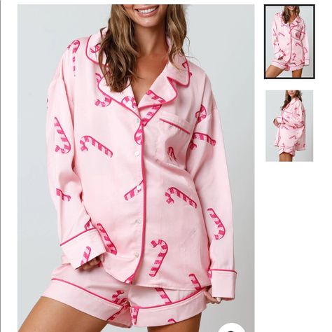 Candy Cane Satin Pajama Set! Never Worn, But Without Tags Because They Have Been Washed. Super Cute For The Holidays. Oversized Fit Christmas Pajama Shorts, Candy Cane Pattern, Satin Pajama, Peach Love, Christmas Pajama Set, Christmas Pjs, Cute Pajamas, Satin Pyjama Set, Women Christmas