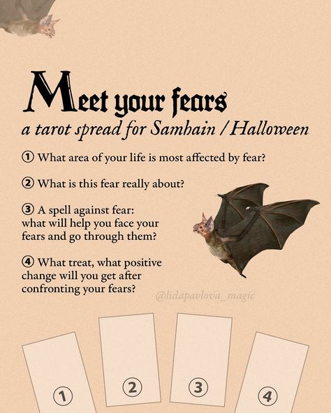 I’ve got a lot of tarot spread for Halloween / Samhain / Spooky season, but this one seems to be the most popular 🦇 So, save it for your October 31 reading! And, of course, stay close to witness my book come out: it has 123 of my own spreads for divination and self-reflection🔮 With love for all magical beings, Lida @lidapavlova_magic Witchcraft Inspiration, Divination Witch, Psychic Development Learning, Tarot Reading Spreads, Magical Beings, Witch Quotes, Samhain Halloween, Spiritual Things, Tarot Card Spreads