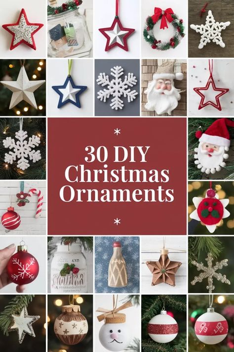 30 DIY Christmas ornaments displayed in a collage, including wreaths, stars, snowflakes, Santa, and various handcrafted decorations. Quick And Easy Christmas Ornaments To Make, Easy Handmade Ornaments Christmas, Heart Christmas Ornaments Diy, Lace Christmas Ornaments Diy, Tiny Ornaments Diy, Ribbon Christmas Ornaments Diy, Easy Holiday Ornaments, Ornament Swap Ideas, Christmas Ribbon Ideas Diy Crafts