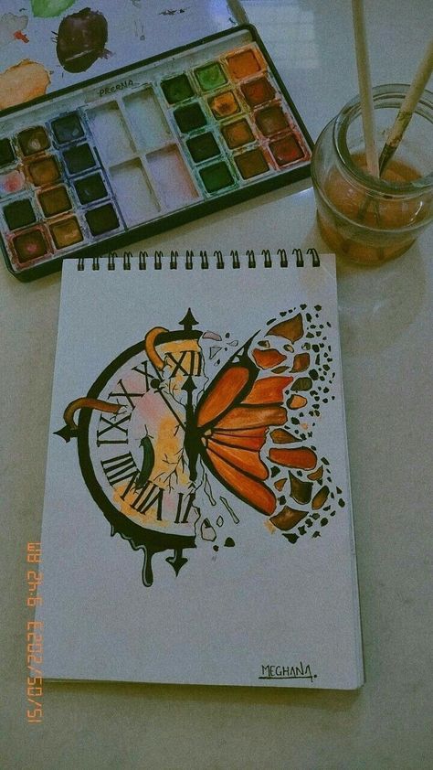 Clock Watercolor, Butterfly Watercolor Painting, Painting Clipart, Butterfly Clock, Butterfly Art Drawing, Easy Mandala Drawing, Easy Love Drawings, Meaningful Drawings, Colour Painting