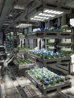 Future Laboratory Design, Lab Architecture Design, Futuristic Science Lab Aesthetic, Cyberpunk Laboratory, Solarpunk Tech, Scifi Factory, Sci Fi Laboratory Concept Art, Green Laboratory, Biopunk Aesthetic