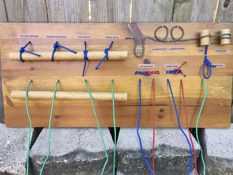 Knot Board for Boy Scouts includes the 7 basic scout knots with practice cords. Knot Tying Practice Board, Knot Board Scout, Scout Knots Board, Knot Tying Station, Knot Tying Board, Team Building Activities For Kids, Building Activities For Kids, Knot Board, Scout Knots