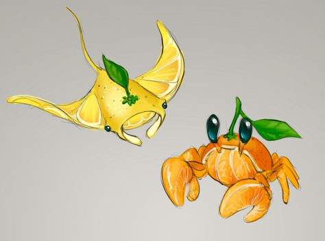 Animals As Fruit, Fruit Food Art, Cute Crab Art, Food Creatures Art, Fruit Animals Art, Fruit Animals Drawing, Food Animals Drawing, Animals As Food, Plant Animals