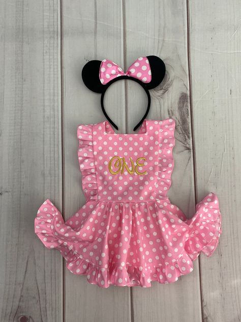 Minnie Mouse Birthday Outfit Two, Mini Mouse First Birthday, First Birthday Minnie Mouse, Minnie Mouse Dress Toddler, Minnie Mouse Birthday Dress, Pink Minnie Mouse Dress, Disney Christmas Party, Minnie Mouse Birthday Outfit, Minnie Mouse First Birthday