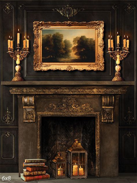 Vintage Elegance Fireplace Photography Backdrop - Photography backdrop featuring an ornate vintage fireplace setting with intricate carvings Fireplace Background, Fireplace Photography, Ornate Fireplace, Dark Academia Home, Elegant Portrait, Portable Backdrop, Painted Brick Fireplace, Fall Fireplace, Victorian Parlor