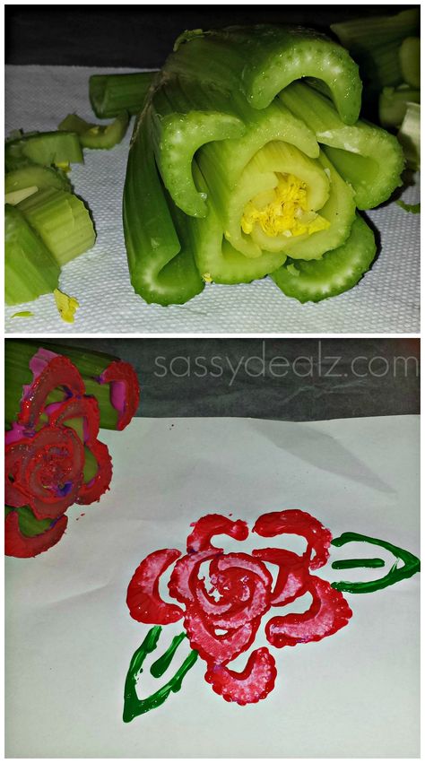 Celery Rose Flower Stamping Craft For Kids #Celery art project #Valentines card idea Celery Flower, Beauty And The Beast Crafts, Flower Stamping, Painting Crafts For Kids, Kawartha Lakes, Beauty And The Beast Party, Rose Crafts, Valentines Card, Craft For Kids