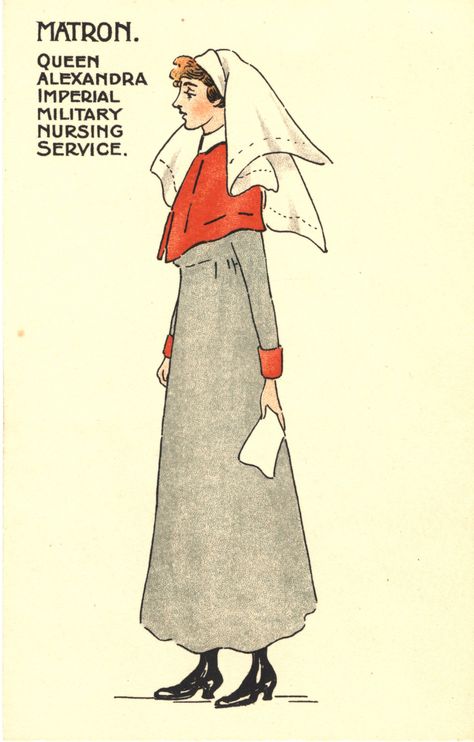 Drawing of a woman wearing a nurses' mantle and headcovering. The words "Matron: Queen Alexandra Imperial Military Nursing Service" are above her head. Mind Growth, Vintage Nursing, Women Veterans, 1900's Fashion, Drawing Of A Woman, Nurse Photos, Pinning Ceremony, Army Nurse, Farmer Girl