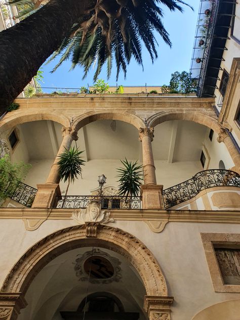 A courtyard of a building in Palermo, Sicily. Follow me on Instagram or YouTube for more! Palermo Sicily Aesthetic, Europe Vibes, Sicily Palermo, Aesthetic Place, Sicily Travel, Palermo Sicily, Dream Summer, Euro Summer, Sicily Italy