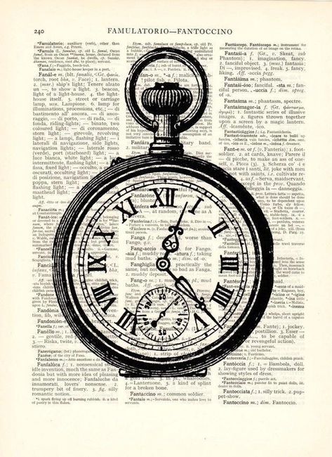 Pocket Watch Art, File Decoration Ideas, Etiquette Vintage, Newspaper Art, Art Clock, Book Page Art, Pencak Silat, Dictionary Prints, Dictionary Art