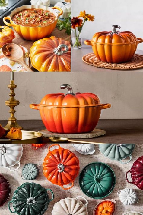 Le Creuset’s New Fall Line Celebrates Bounty of Season With Pumpkin-Shaped Cookware Sweet Potato Bacon, Pumpkin Casserole, Halloween Table Decorations, Harvest Table, Oven Cooking, Enameled Cast Iron, Halloween Table, Gifts For Cooks, Le Creuset