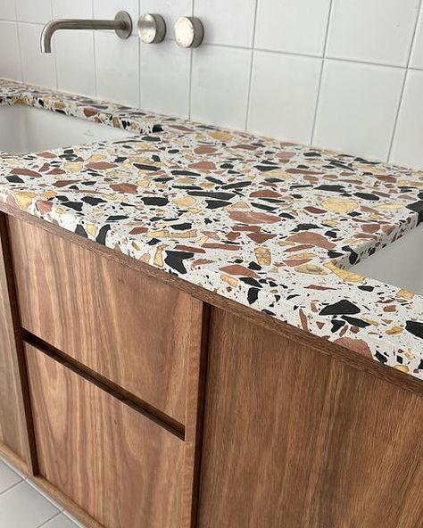 Terrazzo Benchtop, Terrazo Countertop, Terrazzo Inspiration, Kitchen Terrazzo, Terrazzo Counter, Primary Ensuite, Terrazzo Countertop, Timber Bathroom Vanities, Terrazzo Kitchen