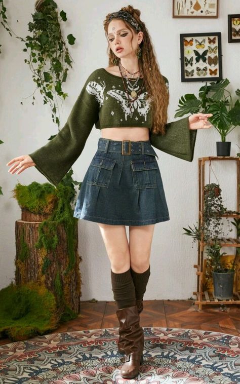 Fairy Themed Outfit Aesthetic, Fairy Clothing Aesthetic, Green Short Skirt Outfit, Pixiecore Outfits, Aethstetic Clothes, Fairy Inspired Outfit, Green Heels Outfit, Fairy Core Outfits, 70s Inspired Outfits