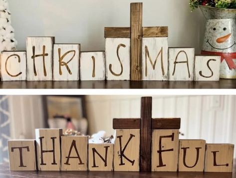 Wooden Christmas Gifts, Rustic Thanksgiving, Christmas Rustic, Wooden Christmas Crafts, Wood Block Crafts, Block Craft, Scrap Wood Projects, Christmas Wood Crafts, Christmas D