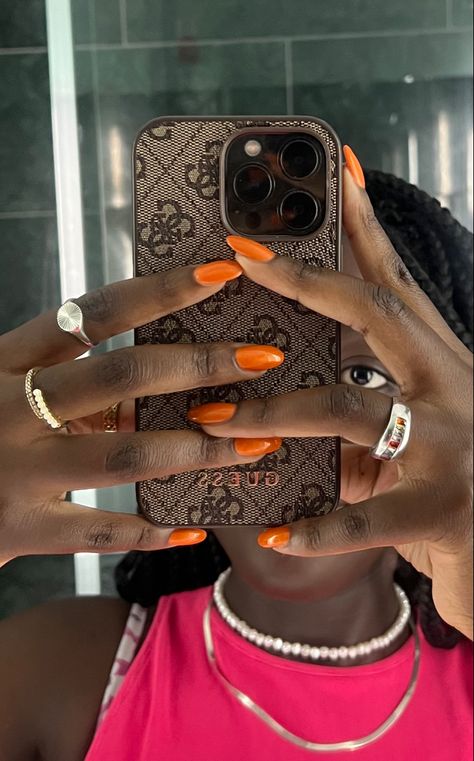 Denim Inspired Nails, Orange Nails Oval, Dark Orange Chrome Nails, Orange Chrome Acrylic Nails, Deep Orange Nails, Chrome Orange Nails, Leo Inspired Nails, Orange Nails Aesthetic, Orange Fall Nails Acrylic