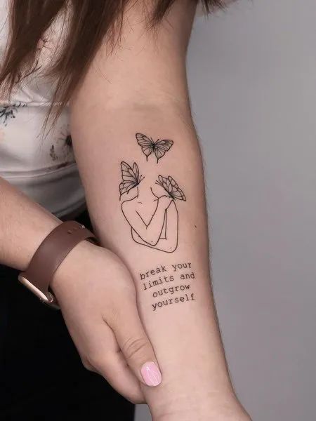 Self Love Quotes Tattoo Quote With Design Tattoo, Loving Myself Tattoo, Love Your Body Tattoo Ideas, Healing Tattoo Ideas For Women, Healing Quotes Tattoo, Give Yourself A Try Tattoo, Minimalist Tattoo Self Love, Self Love Quote Tattoos, No Shading Tattoo