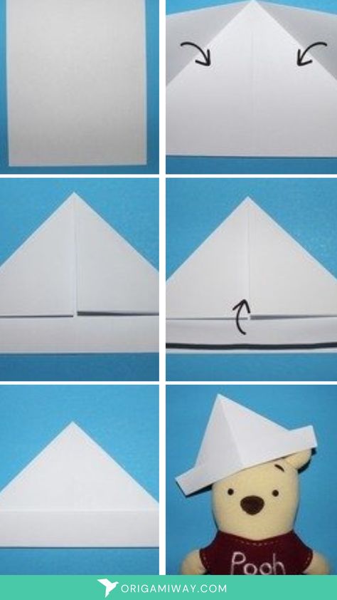 A white origami paper hat with pooh Paper Hat Origami, Origami Hat Tutorial, How To Make Paper Hat, How To Make A Hat Out Of Paper, Origami Hats, Origami Hat, Newspaper Hat, How To Fold Pants, Blue Frog