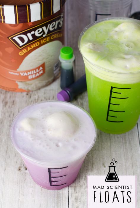 Help your kids turn ordinary Dreyer's ice cream floats into fun, make-your-own Halloween treats with this simple family-friendly dessert. Grab a marker and transform plastic cups into beakers, fill with whatever brightly colored soda you choose (you can even add food coloring, too), top with a scoop of vanilla and watch them start foaming! Ice Cream Dessert Recipes, Science Birthday Party Ideas, Scientist Birthday Party, Mad Scientist Birthday, Mad Science Party, Scientist Birthday, Mad Scientist Party, Scientist Party, Science Birthday