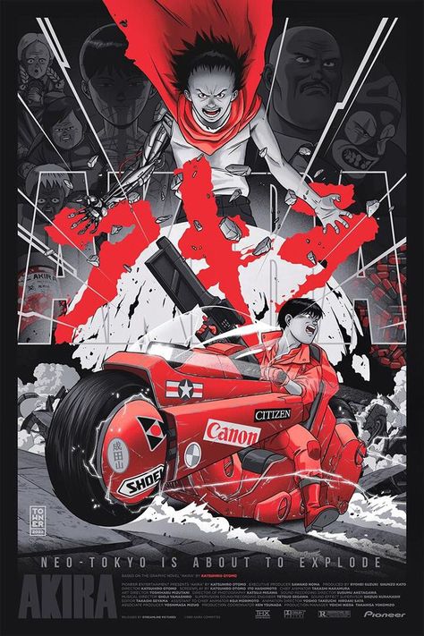 A secret military project endangers Neo-Tokyo when it turns a biker gang member into a rampaging psychic psychopath who can only be stopped by a teenager, his gang of biker friends and a group of psychics. Alternate movie posters of akira by varied artist Akira Movie, Akira Poster, Kuchiki Byakuya, Best Animation, Akira Anime, Cinema Art, Best Movie Posters, Gang Member, Biker Gang