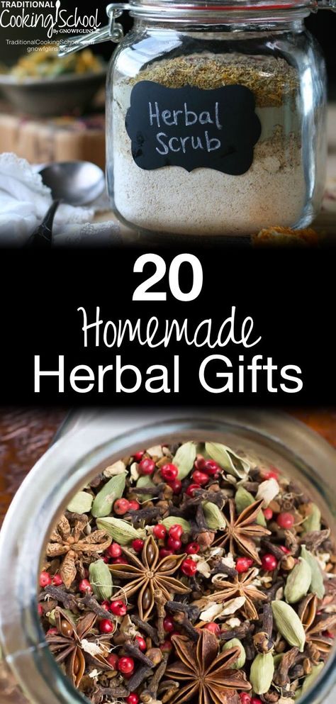 20 Homemade Herbal Gifts | Are you ready to be inspired with herbal gift ideas that are beautiful, thoughtful, healthy, and homemade? You've come to the right place! We've gathered 20 homemade herbal gifts -- including teas, salves, and culinary creations -- for everyone on your list. | TraditionalCookingSchool.com Herbal Gifts, Gifts In Jars, Herbal Scrub, Herb Gifts, Diy Food Gifts, Kitchen Herbs, Herbal Recipes, Cold Home Remedies, Cadeau Diy