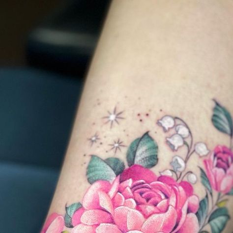 Breck Marquette Hall on Instagram: "Peonies and lilies of the valley for Lucie 🌿 Thanks for being such a pleasure in the studio! After today’s tattoo, it really feels like spring is in the air 🍃 . . . . . . . #peonytattoo #ankletattoo #delicatetattoo #floraltattoo #naturetattoo #witattooartist #lilyofthevalley #afflictionink" Lilies Of The Valley, Pink Tattoo, Delicate Tattoo, Peonies Tattoo, Spring Is In The Air, Nature Tattoos, Ankle Tattoo, S Tattoo, Forearm Tattoos