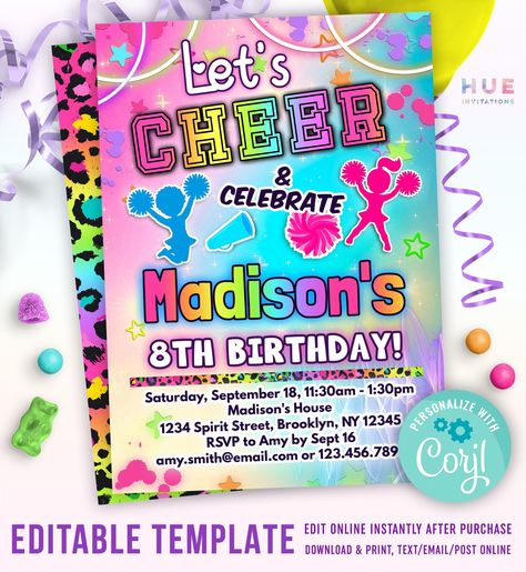 Cheer Birthday Party Ideas, Cheerleading Birthday Party Ideas, Cheerleading Birthday Invitations, Trampoline Park Birthday Party, Cheerleader Birthday Party, Cheerleading Birthday, Cheer Birthday Party, Cheerleader Birthday, Cheerleading Party