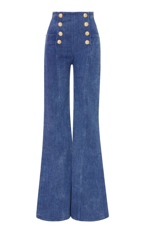 High-Rise Flared Jeans by BALMAIN Now Available on Moda Operandi Balmain Fashion, Balmain Collection, Blue Jean Outfits, Jean Trends, Stage Outfits, Kpop Outfits, Dream Clothes, Outfits Casuales, Cute Casual Outfits