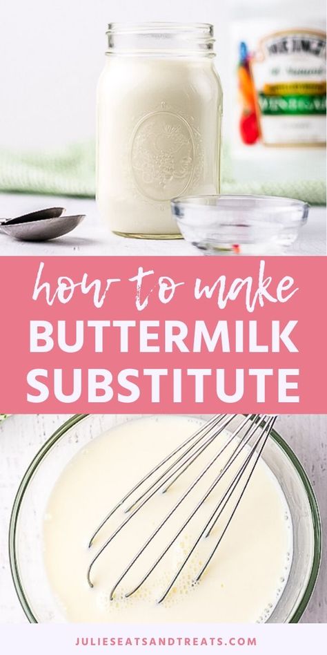 Four easy substitutes showing how to make buttermilk when you don't have any. They are easy and require white vinegar, cream of tartar, lemon juice or sour cream. Use this when you are out of buttermilk next time! #buttermilk #substitute Make Buttermilk, Buttermilk Substitute, Cooking Substitutions, How To Make Buttermilk, Buttermilk Recipes, Baking Substitutes, Food Substitutions, Baking Soda Uses, Baking Soda Shampoo